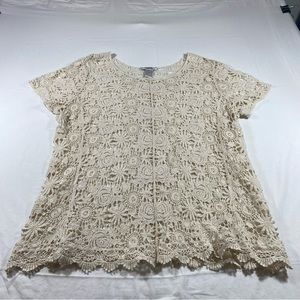 Pinky Crochet Boho Shirt Top Size 18-20 Tan color Short Sleeve Floral Blouse top